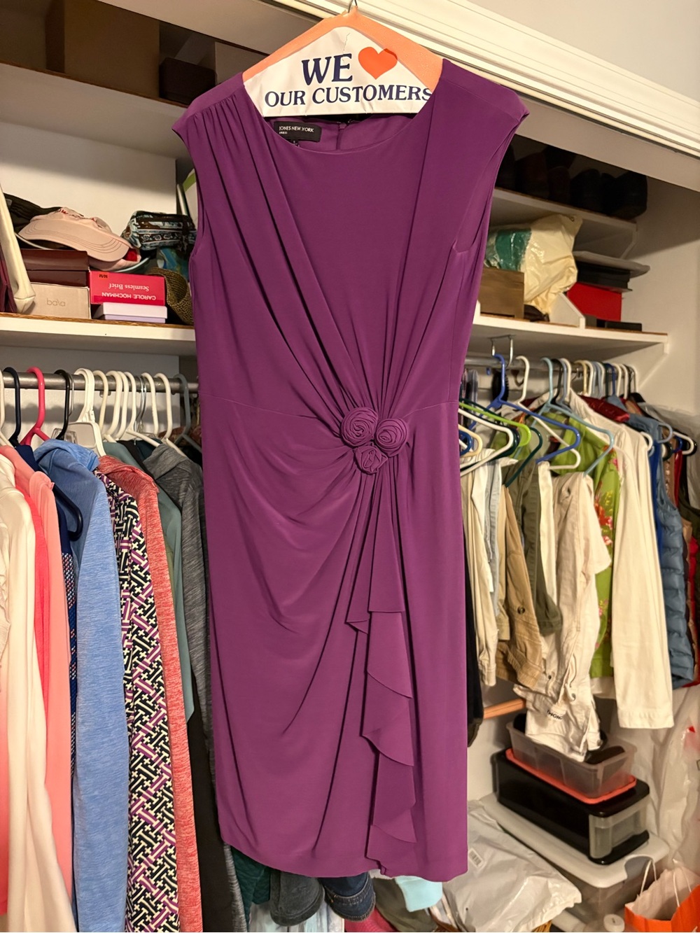 Jones New York Purple Sleeveless Draped Midi Dress with Rosette Detail